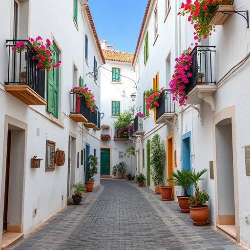 Calle estrecha y empedrada en un pueblo blanco de Andaluc&iacute;a con flores en los balcones