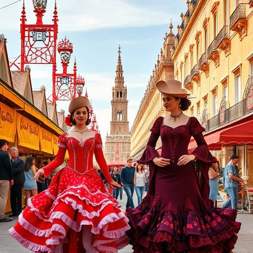 Imagen de la Feria de Abril de Sevilla con casetas y trajes flamencos
