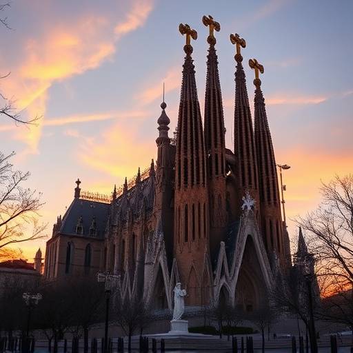 La Sagrada Familia en Barcelona al atardecer, con su arquitectura &uuml;nica