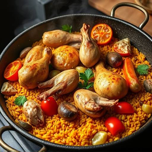 Paella valenciana humeante en una paellera, con pollo, conejo, verduras y arroz dorado.