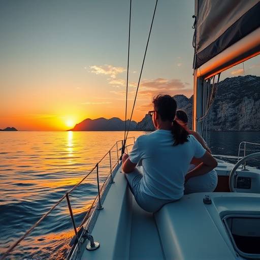 Pareja navegando en un velero al atardecer cerca de Mallorca