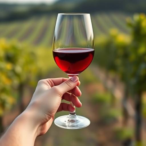 Primer plano de una mano sosteniendo una copa de vino tinto con un vi&ntilde;edo borroso al fondo.