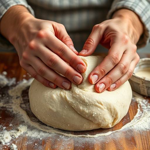 Primer plano de unas manos amasando masa de pan r&uuml;stico