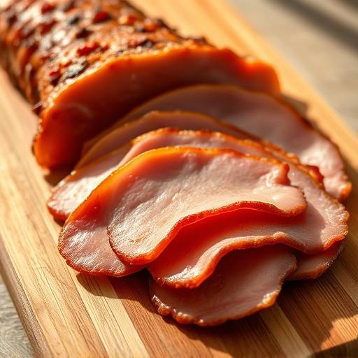 Tapa de jam&radic;&ge;n ib&radic;&copy;rico de bellota cortado finamente sobre una tabla de madera.