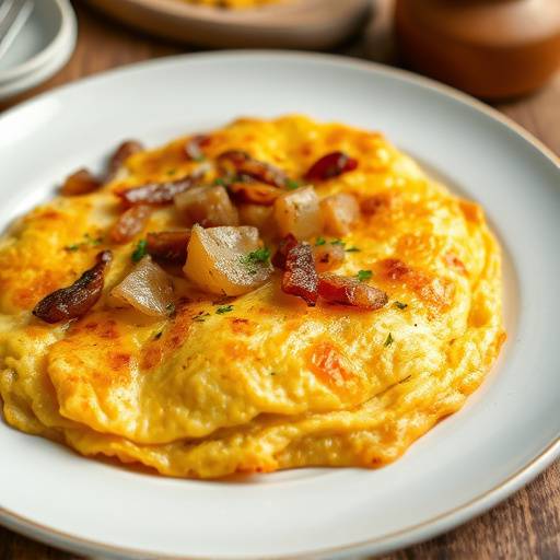 Tortilla de patatas espa&radic;&plusmn;ola esponjosa con trozos de cebolla caramelizada.