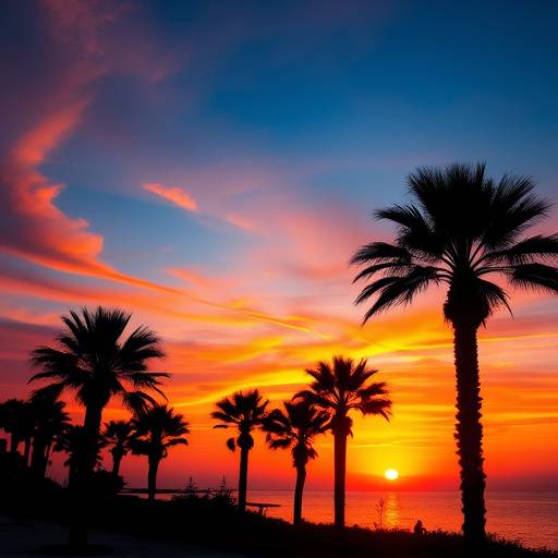 Un atardecer vibrante sobre el mar Mediterr&aacute;neo con siluetas de palmeras, evocando tranquilidad y belleza.