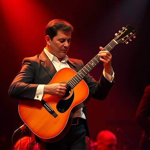 Un guitarrista flamenco tocando con fervor en un escenario iluminado