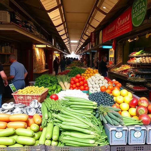 Un mercado local en Valencia con puestos llenos de frutas frescas, verduras y mariscos.