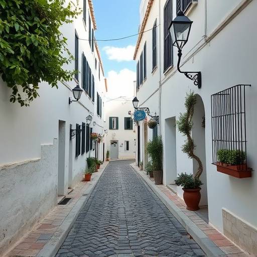 Una calle estrecha y empedrada en un pueblo blanco de Andaluc&iacute;a.