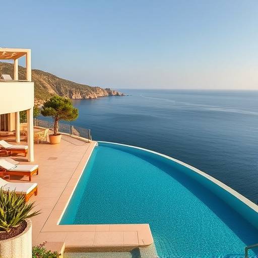 Una terraza de hotel de lujo con piscina infinita y vistas al mar Mediterr&aacute;neo en Mallorca.